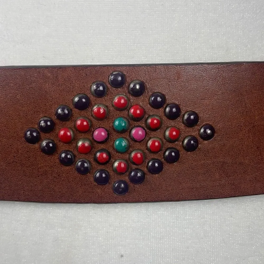 Boho Colorful Studded Brown Leather Belt L